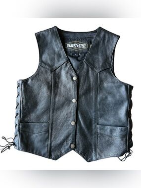 Street & Steel Leather Motorcycle Vest Womens XL Black Lace Side Biker Cruiser
